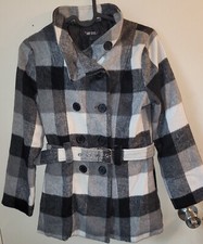 AMY BYER PLAID BLACK WHITE GRAY DOUBLE BREASTED BELTED LINED COAT GIRL'S SIZE L