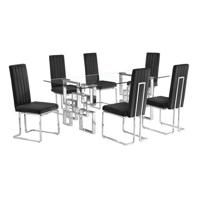 Best Quality Furniture 7-Piece Velvet & Tempered Glass Dining Set in Black