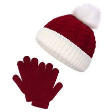 Kids Christmas Santa Beanie Hat and Gloves Set for Boys Girls, One Size, Red