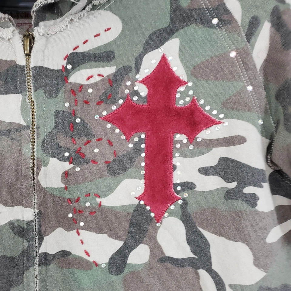 Cowgirl Tuff Hoodie Womens Medium Green Camo Full Zip Red Cross Graphic Studded - Image 3 of 4