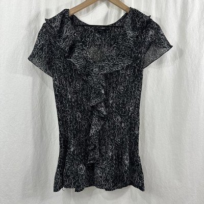 East 5th Womens Y2K Black White Floral Pleated Ruffle Sheer Top Size XL Artsy