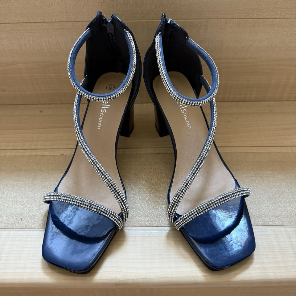 Wells Fountn Women's Navy Blue Rhinestone Strappy Block Heels Sandals Sz 6.5 NEW - Image 3 of 4