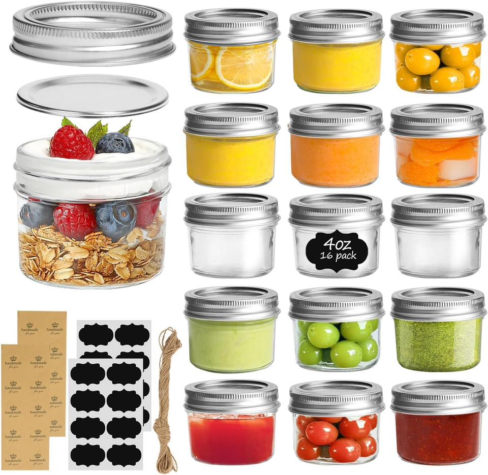 Mini Mason Jars Bulk 4Oz 16PCS, Regular Mouth Mason Jar with Lids and ...