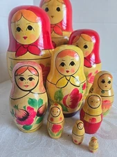 Vintage Russian USSR 10 Pieces Hardwood Nesting Doll Traditional Female Design