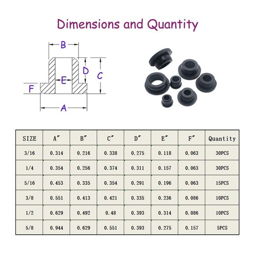 100PCS T-Type Rubber Grommet kit 6 Size Silicone Grommets for Wiring Automoti... - Picture 3 of 6