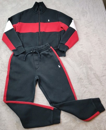 Polo Ralph Lauren Track Suit Boys Medium 10-12 Black Red Full Zip Jacket Pants