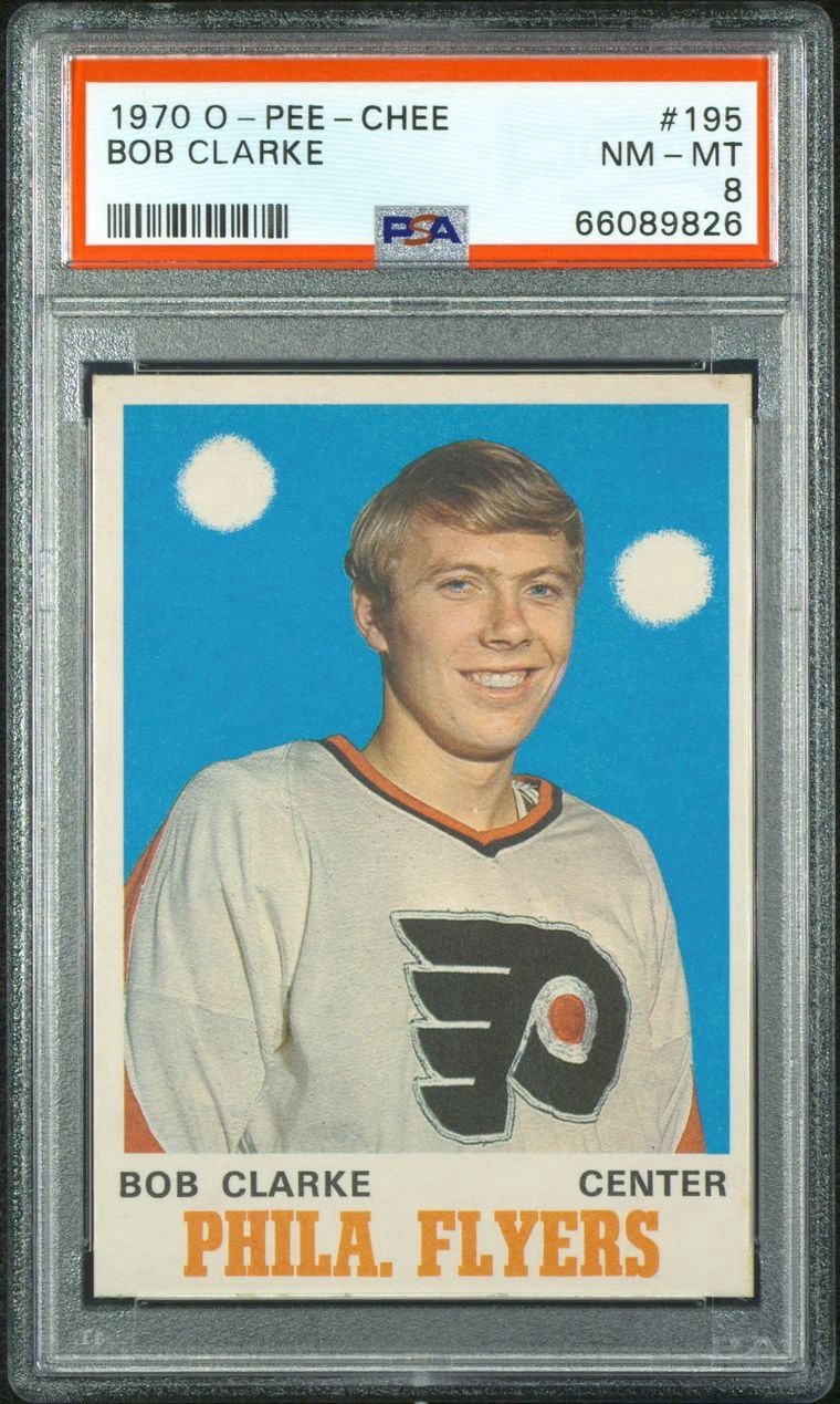 1970-71 O-Pee-Chee Bobby Clarke #195 (RC), PSA 8 #66089826, Philadelphia Flyers