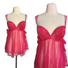 Victorias Secret Bustier Top 36D Red Chiffon Rhinestone Lace Babydoll Coquette