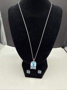 Blue Emerald-Cut Crystal Necklace & Stud Earrings Set 