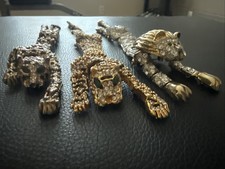 3 Big VTG Articulated Cat Leopard Lion Pins / Brooches Rhinestones W/ Green Eyes