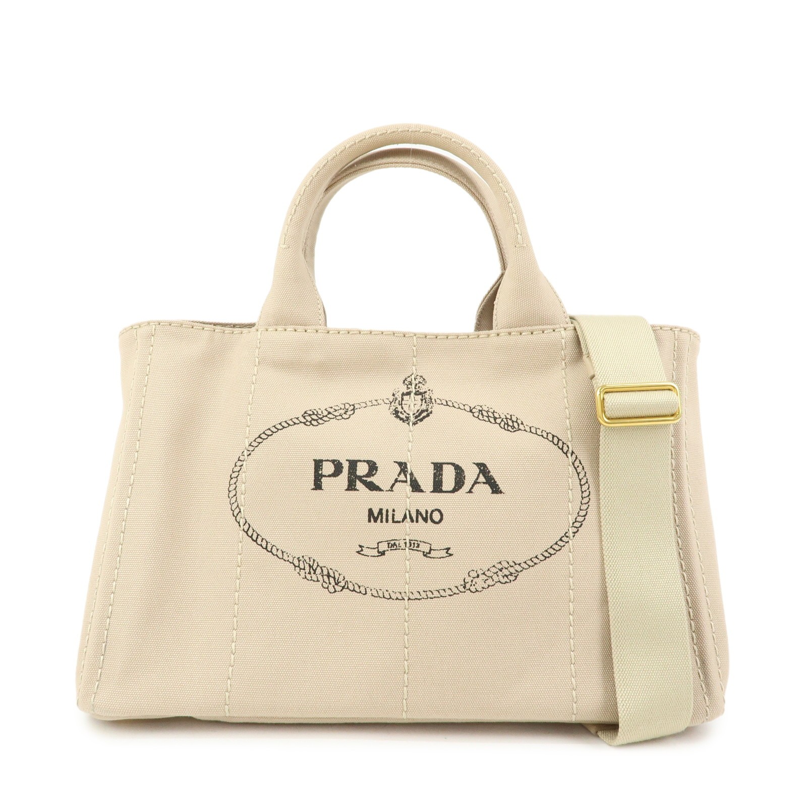 PRADA Canapa Triangle Logo 2Way Tote Hand Shoulder Bag Beige B1877G Used F/S
