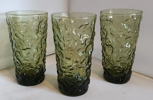 3 Avocado Green Lido Milano Crinkle 12 oz Glass Tumblers  Anchor Hocking