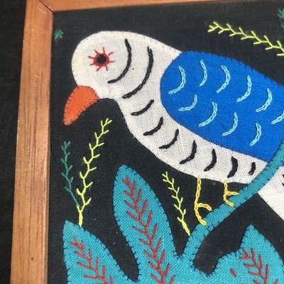パナマで購入　モラ Vintage Panama Mola Patchwork PARROT w/Wood Frame 5.5”x6” Homeware