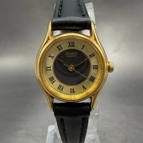 Seiko Watch Women 21mm Black Dial Gold Tone Round 1N01-0E19 New Battery Vintage1