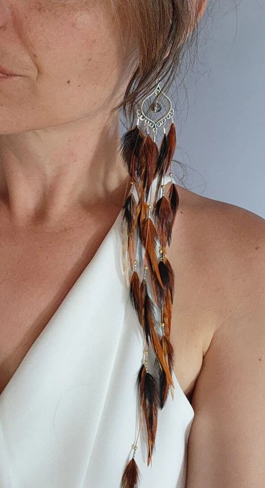 Title: Long Boho Feather Earrings with Beaded Accents – Tribal Inspired Jewelry - Image 2 of 4