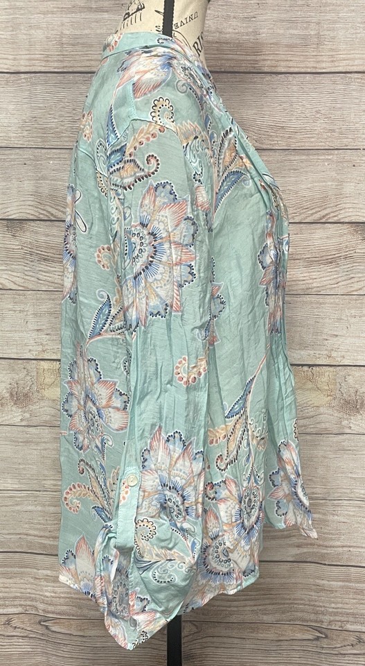 Roz & Ali Petite XL Women’s Button Up Shirt Florals Mint Green Coral