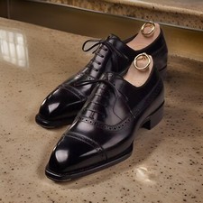 Stylish Men's Handmade Black Real Leather Oxford Black Brogue Formal Dress Shoes