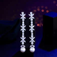 Shiny White Gold Plated CZ Bridal Costume Long Leaf Flower Pearl Dangle Earrings