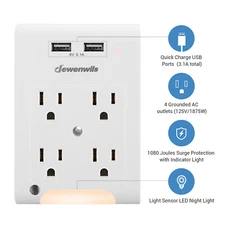 DEWENWILS 4-Outlet Wall Outlet Adapter with 2 USB and Light Sensor Night Light