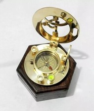 Brass Compass Vintage Nautical Sundial Wooden Box Antique Handmade Gift Idea