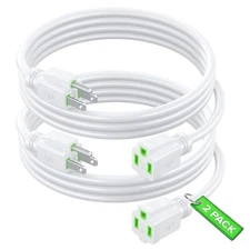2 Pack Extension Cord 3Ft White 16AWG SJTW Green Indicators ETL Listed