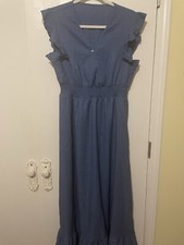 SHEIN  LARGE Navy Blue Cap Ruffle Sleeve Maxi Dress With Ruffle Bottom 