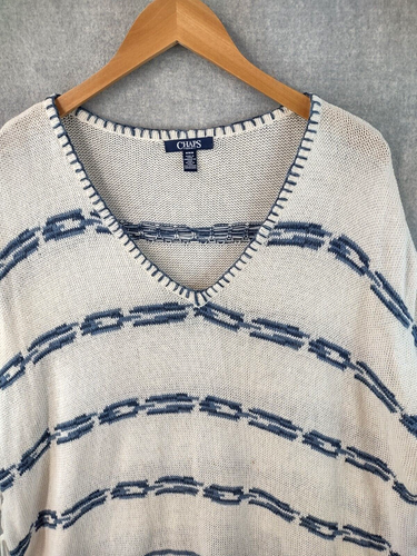 Chaps Ralph Lauren Sweater Womens Medium Aztec Knit Poncho Ivory Fringe Linen - Picture 3 of 15