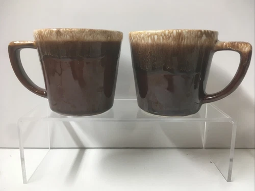 Set of 2 Vintage McCoy Pottery Brown Drip Glaze Coffee Mugs Cups D Handle USA