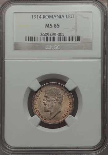 ROMANIA CAROL I  1914  1 LEU  SILVER COIN, GEM UNCIRCULATED, CERTIFIED NGC MS65
