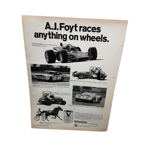 Vintage 1972 Valvoline AJ Foyt Racing Original Ad epherma