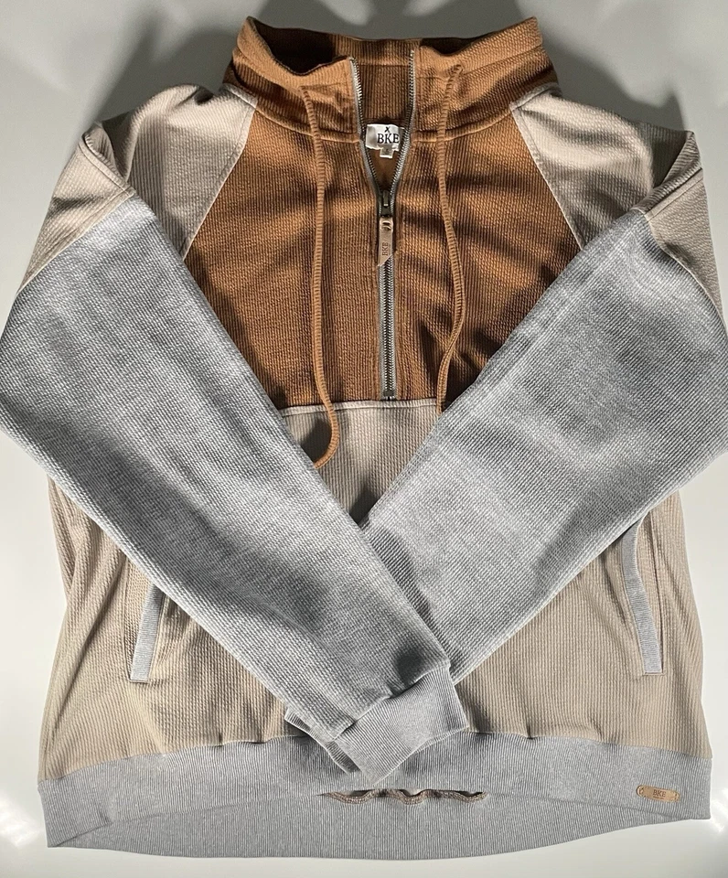 BKE Buckle Pullover Sweater Men’s Large Brown Tan Zip Pockets Gray Comfort - Image 2 of 4