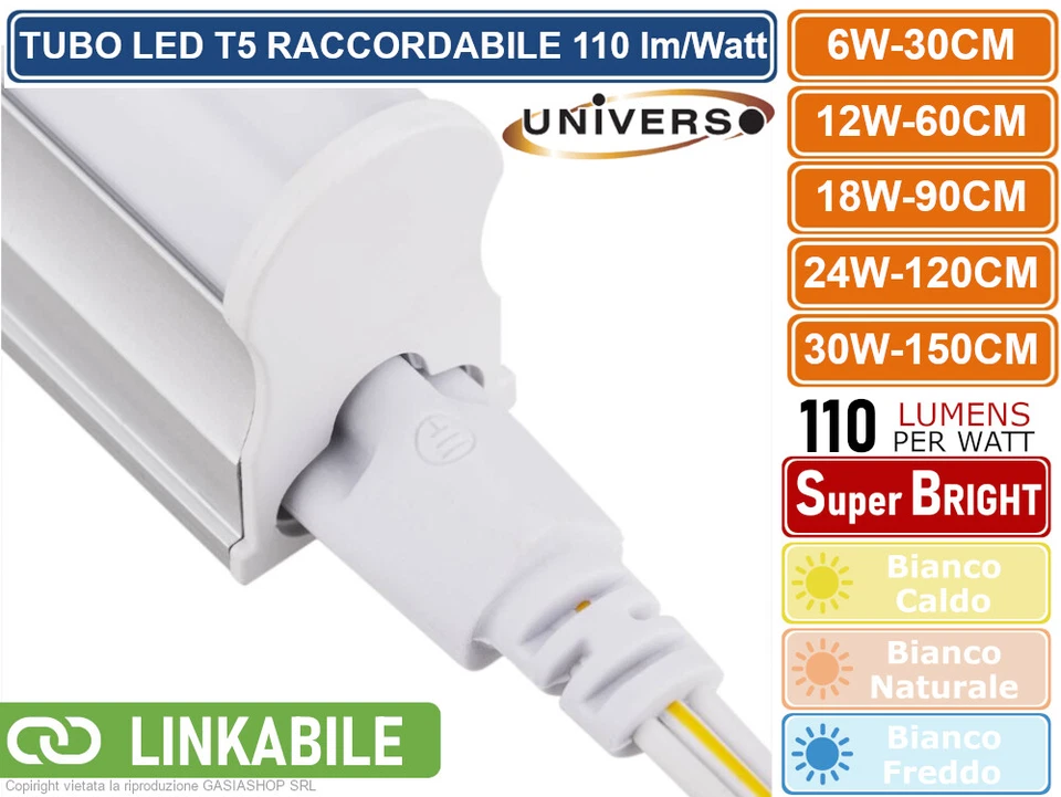 TUBO NEON LED SMD T5 PLAFONIERA RACCORDABILE DA 30CM 60CM 90CM 120CM 150CM IP20 - Immagine 4 di 4