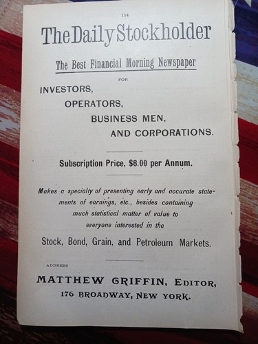 1889 Print Ad ~ THE DAILY STOCKHOLDER Financial Morning Newspaper Stock Bond 