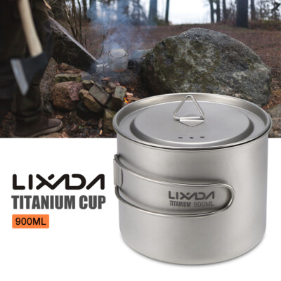 Lixada 900ml Titanium Cup Portable Cup W/ Lid and Foldable Handle For Hiking