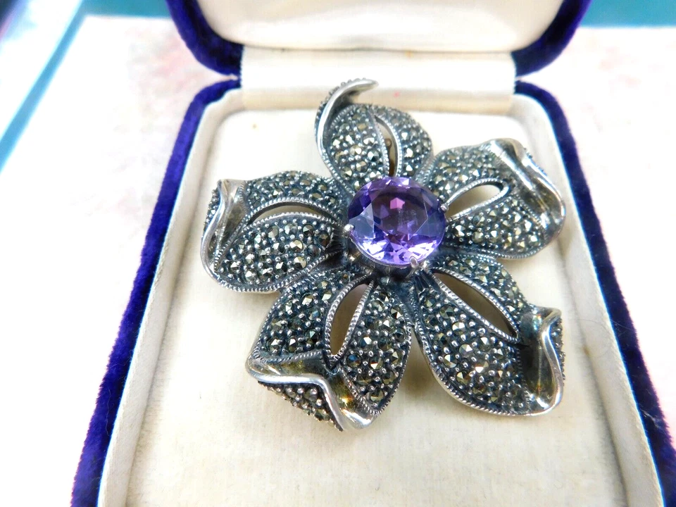Judith Jack Sterling Silver Flower Pin Amethyst February Stone Marcasite Petals - Image 2 of 4