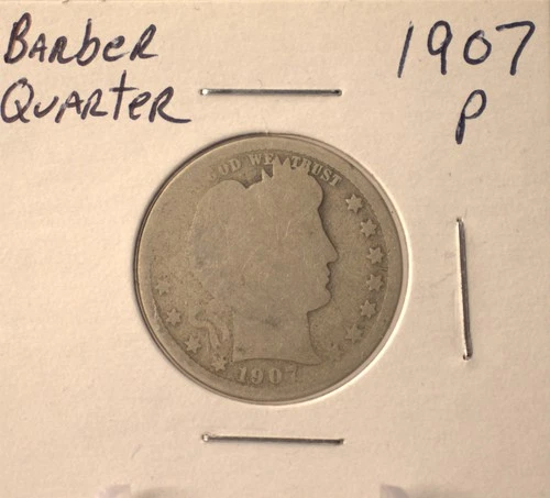 1907 P Barber Quarter - U.S. 25 cents silver coin in circulated condition