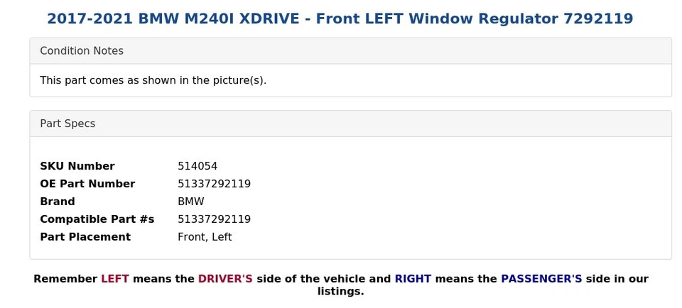 2017-2021 BMW M240I XDRIVE - Front LEFT Window Regulator 7292119 - Image 4 of 4