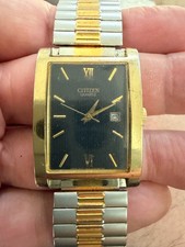 Vintage Citizen Quartz Tank Two-Tone Gold Date Black Dial Watch 1012-S020832