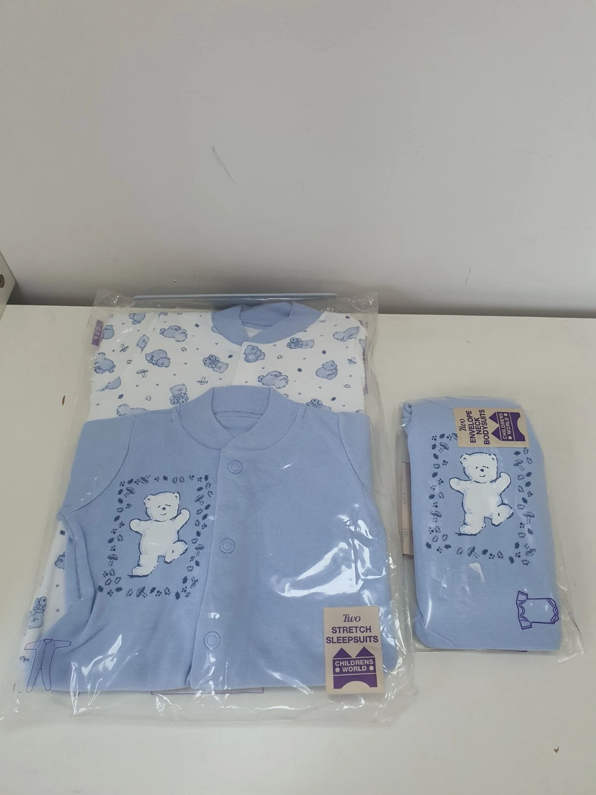 Vintage Newborn Blue Teddybear Baby Sleepsuits x 3 Children's World 6.5lb New
