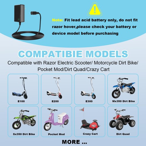 Caricabatteria per Razor Scooter Elettrico MX350 Dirt Bike E100 E175 E200 E200S E300... - Foto 3 di 7