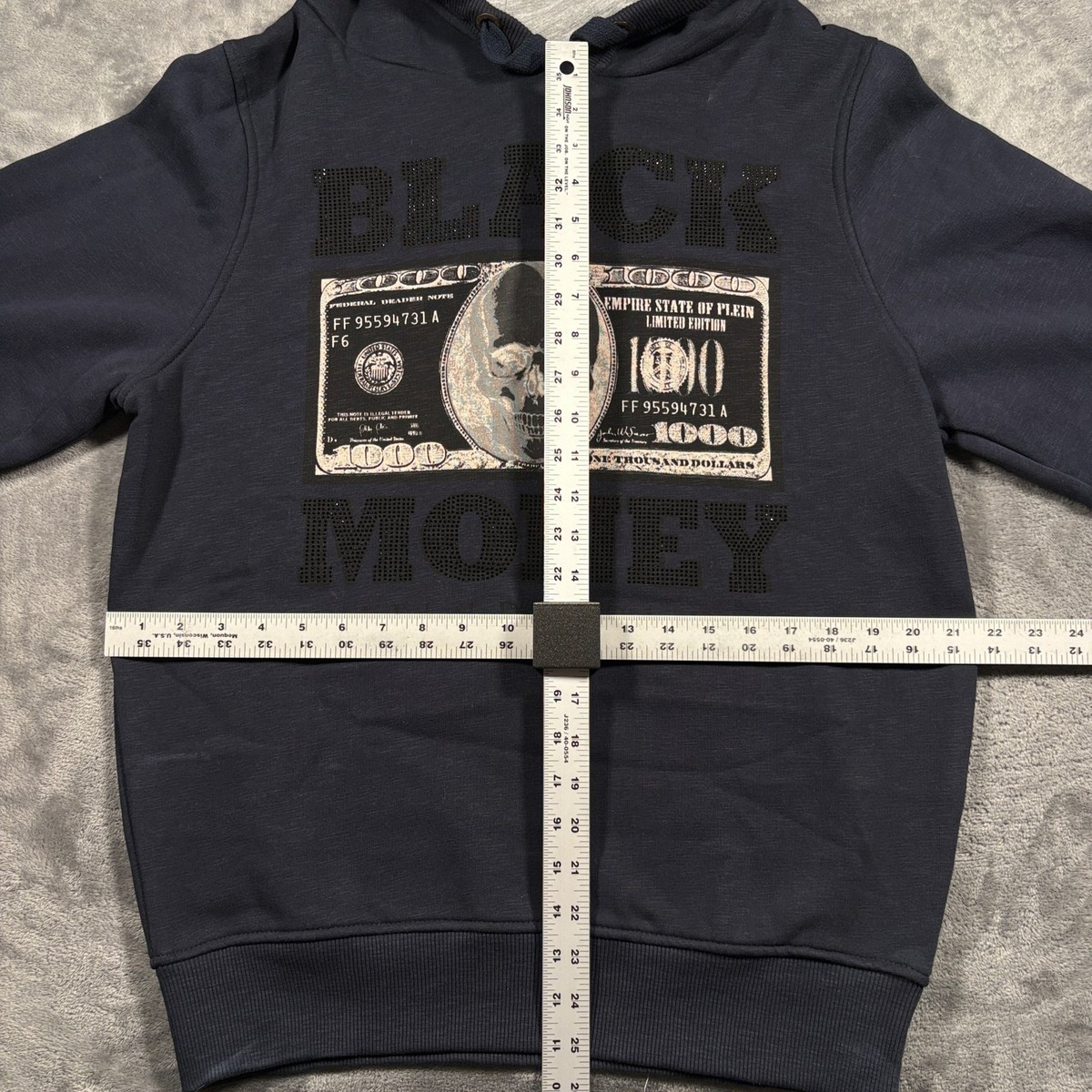 Philipp Plein Hoodie Mens Large Black Money Rhinestone Skull Long