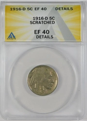 1916-D 5c BU Indian Head Buffalo Nickel Coin ANACS XF40 Details