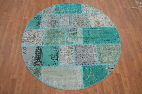 Green Handmade Turkish Area Rug 5x5 Distressed Modern Patchwork Round Carpet - Picture 2 of 6