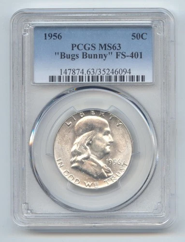 1956 Franklin Half Dollar, PCGS MS-63, Bugs Bunny Variety, Die Clash, FS-401