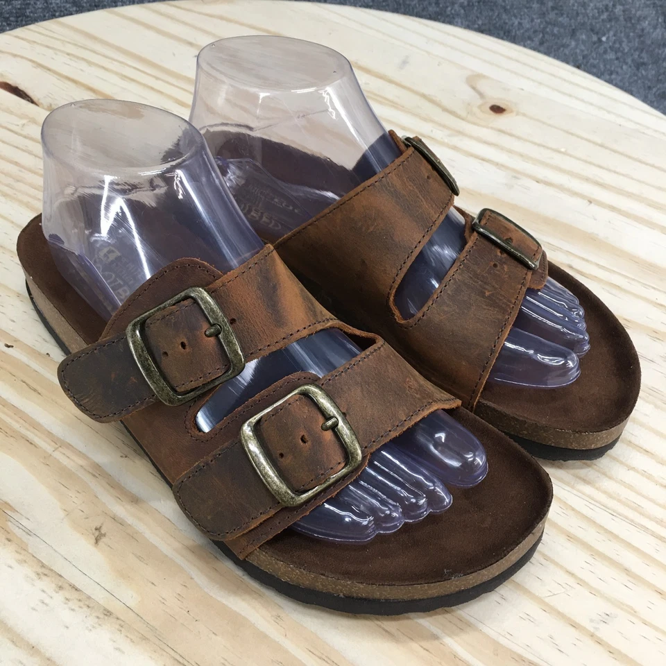 Sandálias femininas White Mountain 8 M Helga slides couro marrom fivela sapatos baixos casuais - Imagem 3 de 4