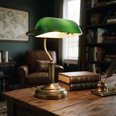 Lámpara de escritorio vintage de vidrio verde con base de bronce antiguo - Ideal para oficina en casa - Imagen 1 de 4