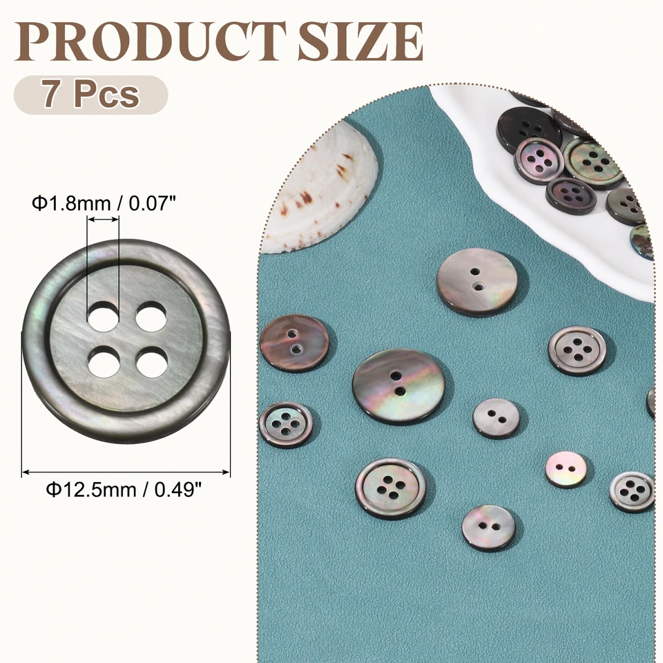 Botón de concha natural de 7 piezas, 4 agujeros 12,5 mm botones de madreperla, negro/plateado Foto 2 de 4