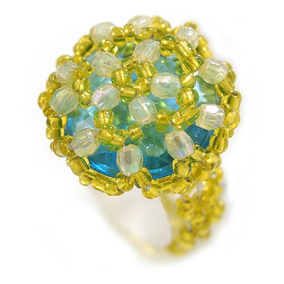 20mm D/Lemon Yellow Glass and Light Blue Acrylic Bead Button-shaped Flex Ring -