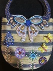 VTG. MARY FRANCES SMALL BURLAP BEADED BUTTERFLY BAG 6.5X6.5"