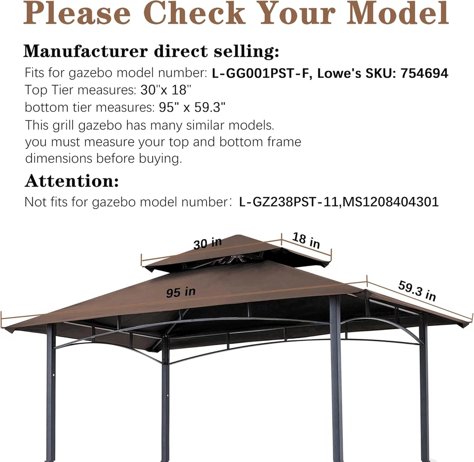 Replacement Canopy Grill BBQ Gazebo Roof Top, for Gazebo Model L-Gg001Pst-F,(Bro - Image 2 of 4